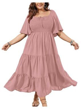 Plus Size Flowy Maxi Dress Ruffle Short Sleeve Square Neck Smocked Boho Formal